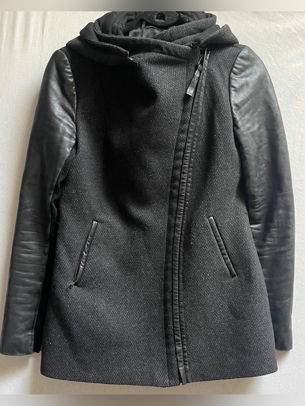 Mackage Wool Blend Leather Sleeve Asymmetrical Hooded Jacket Size S